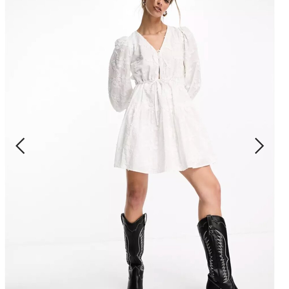 And other stories | embroidered tie detail mini dress in white | Size 12